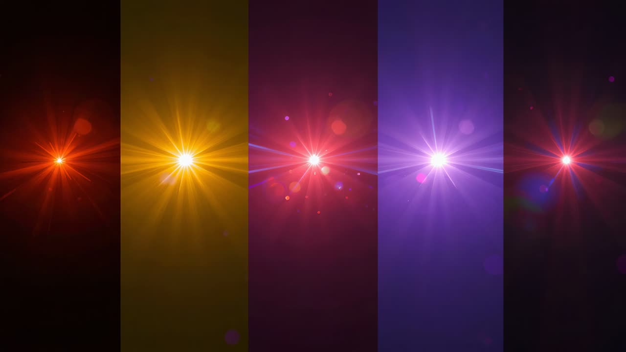 Animation starting, five starbursts pulsing and shifting on dark canvas under vertical color panels