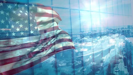 Digital-animation-of-American-flag-swaying-in-the-wind-against-the-city--4k