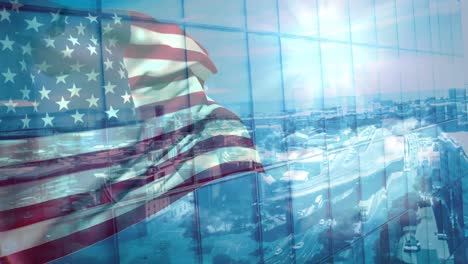 animación digital de la bandera estadounidense balanceándose en el viento contra la ciudad 4k