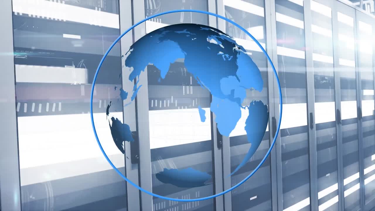 서버 의 데이터 서버 시스템에서 움직이는 막대기 위에서 원으로 회전하는 지구의 애니메이션