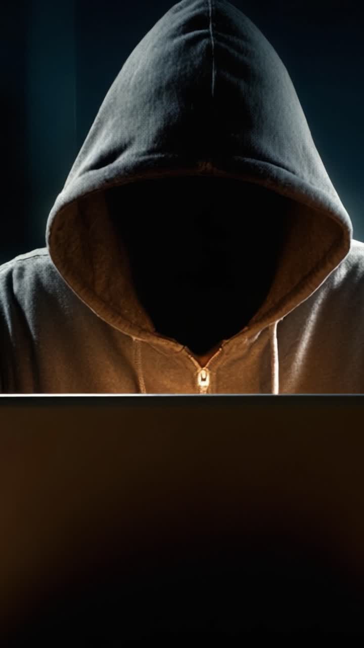 Una figura misteriosa con una felpa scura, intenta a usare un laptop, che incarna un'intrigante fusione di tecnologia e segretezza in un ambiente scarsamente illuminato.