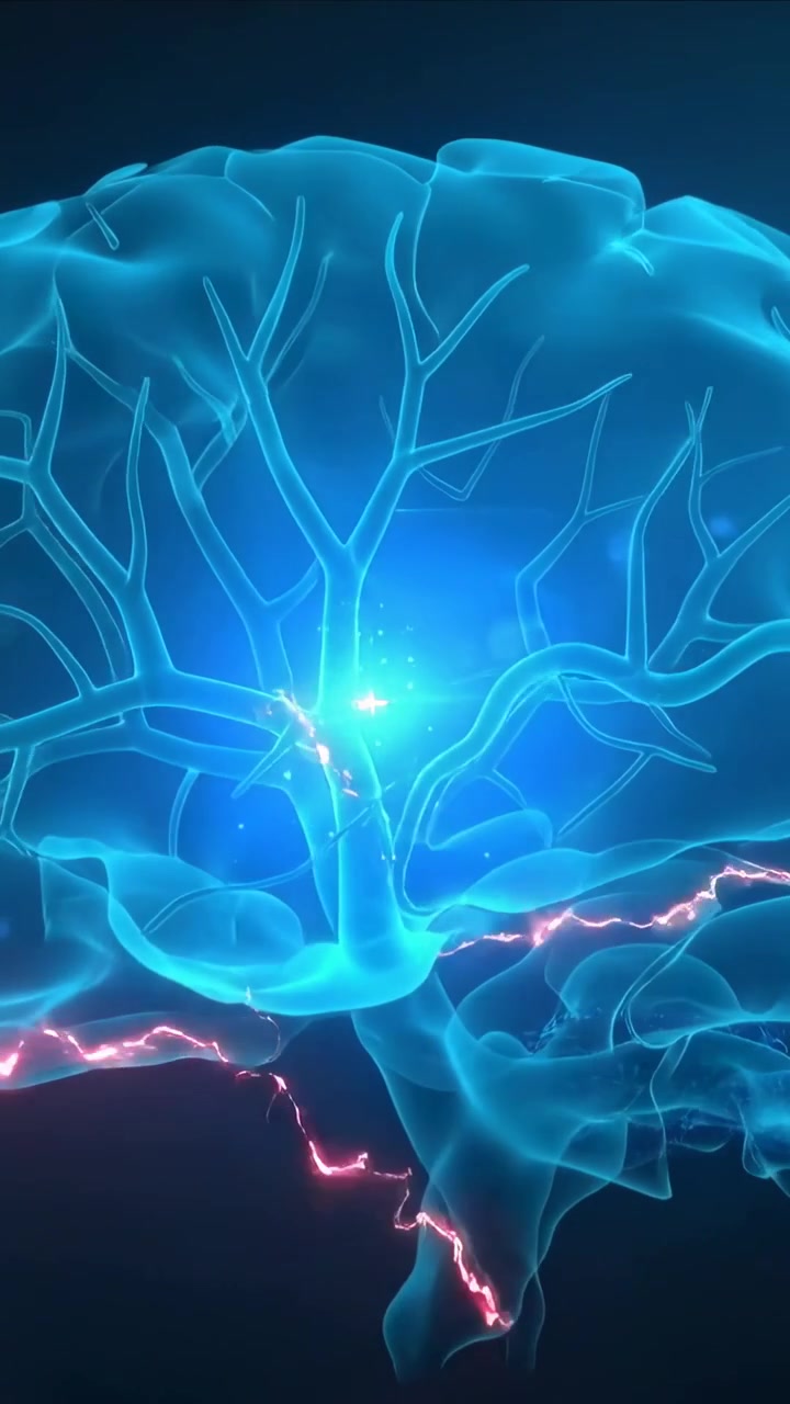 Vertical video: Spinning cyan brain reacting to bright node in dark void, pulsing branches and arc