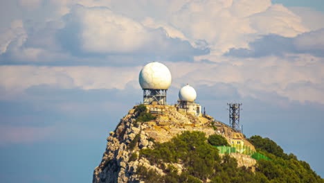 iconic landmark cloudy background, rock of gibraltar timelapse, radar station closeup