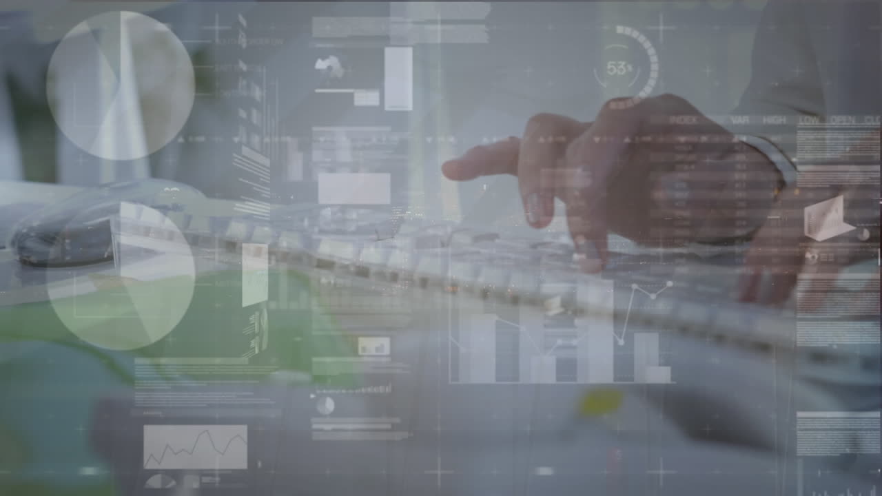 Animation of financial data processing over businessman using computer