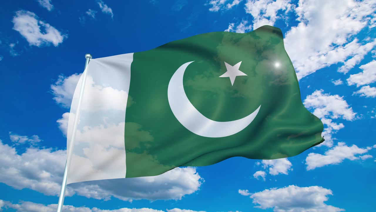 bandera de pakistán con estructura de tela contra un cielo nublado (loopable)