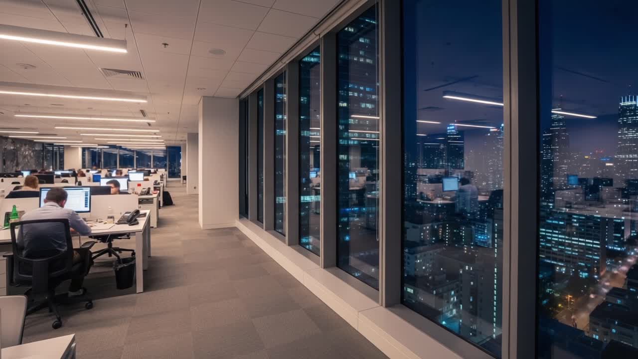 Nighttime Office Scene with Modern Workstations Overlooking a Cityscape: A Quiet Moment in a High-Rise Workspace