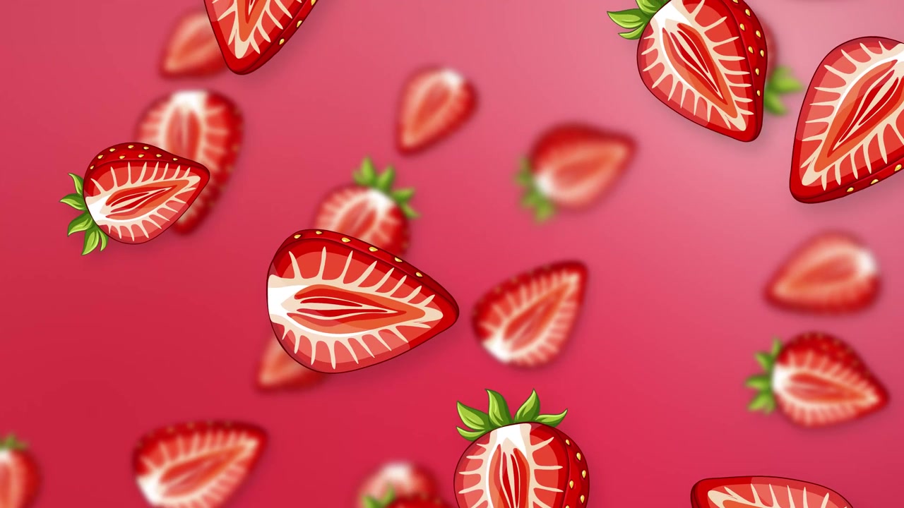 Stylized strawberry halves fall continuously with depth of field effects on a pink gradient background.