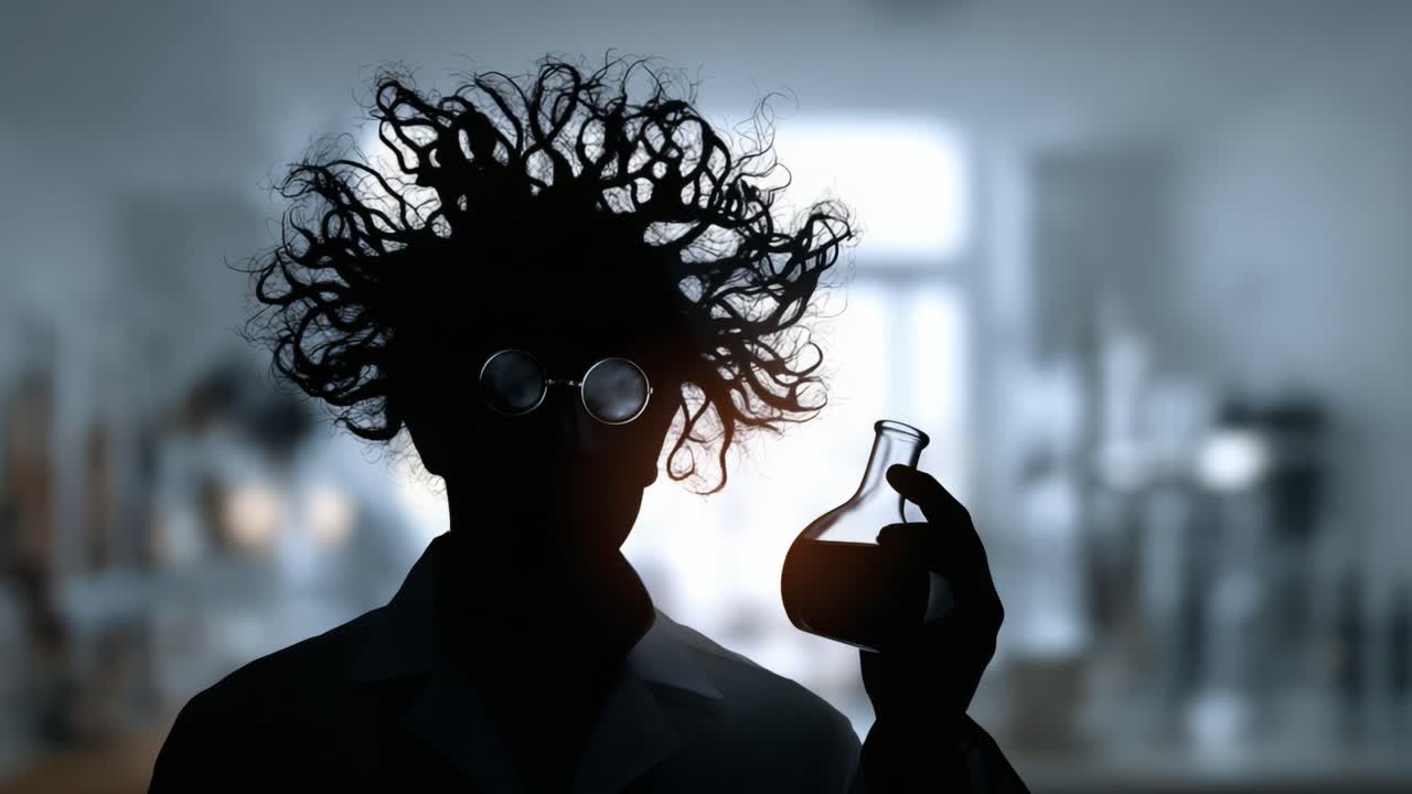 Una silhouette di uno scienziato eccentrico con capelli selvaggi che tiene in mano una beuta, che rappresenta l'eccentricità dell'esplorazione scientifica e il mistero degli esperimenti di laboratorio