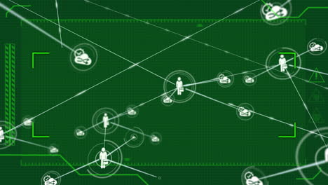 animation of a network of connected people and cloud icons in white moving on green
