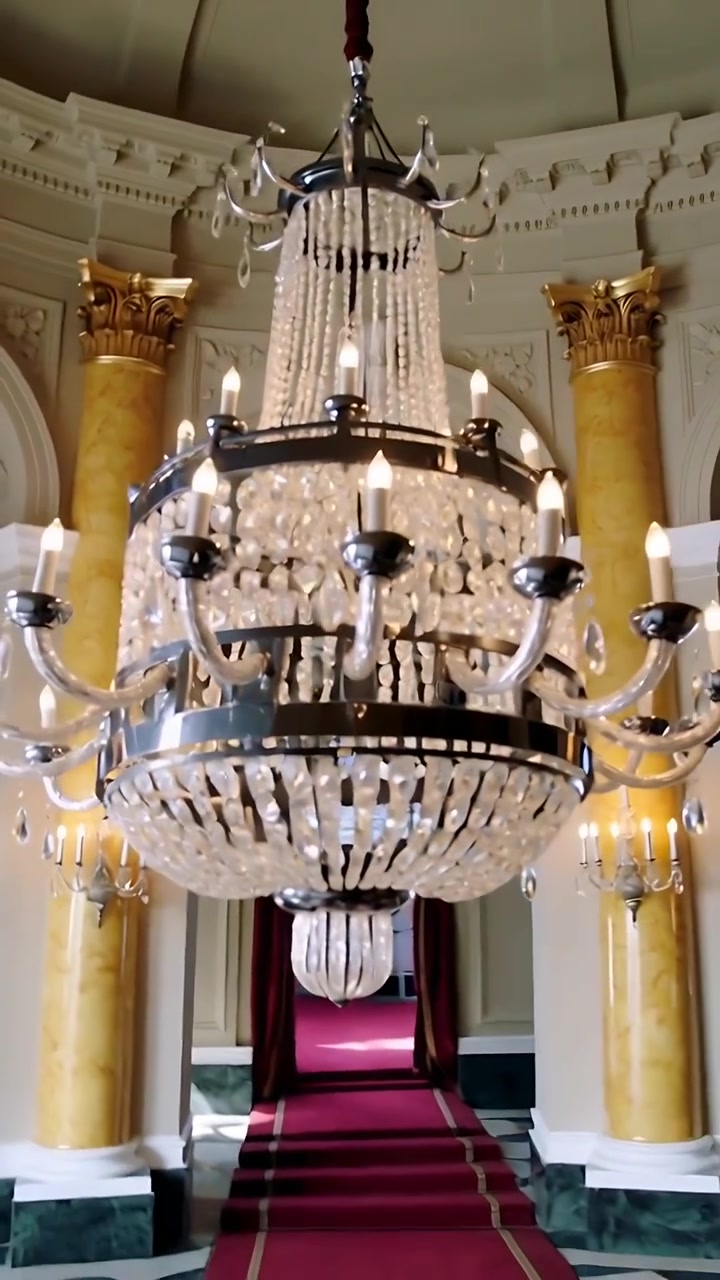 Video verticale: Telecamera panoramica che rivela un lampadario di cristallo in una grande sala, mostrando un cavo rosso intrecciato.