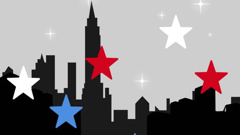 animation of red blue and white stars over city scape