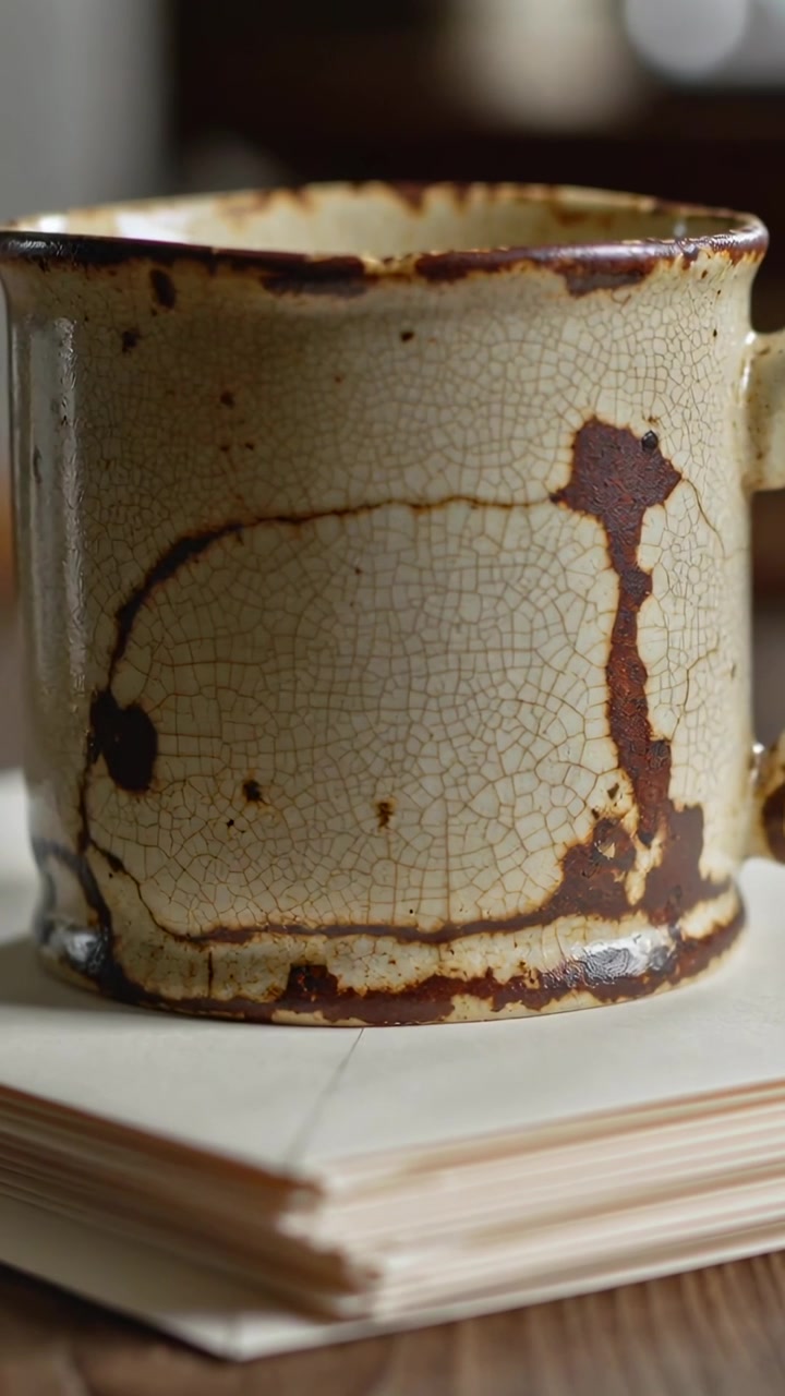 Video verticale: La telecamera inquadra una tazza di ceramica con smaltatura craquelé, appoggiata su dei fogli su un tavolo di legno.