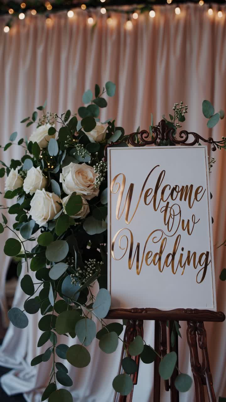 Elegante cartello di benvenuto per matrimonio con rose ed eucalipto, scattato a livello degli occhi