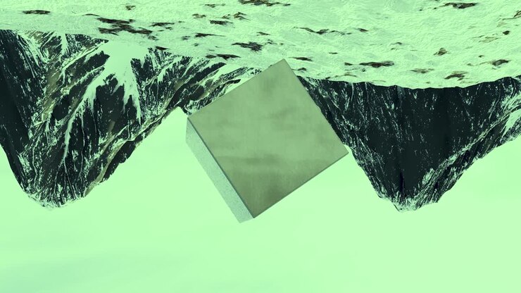Floating Cube Over Mountains