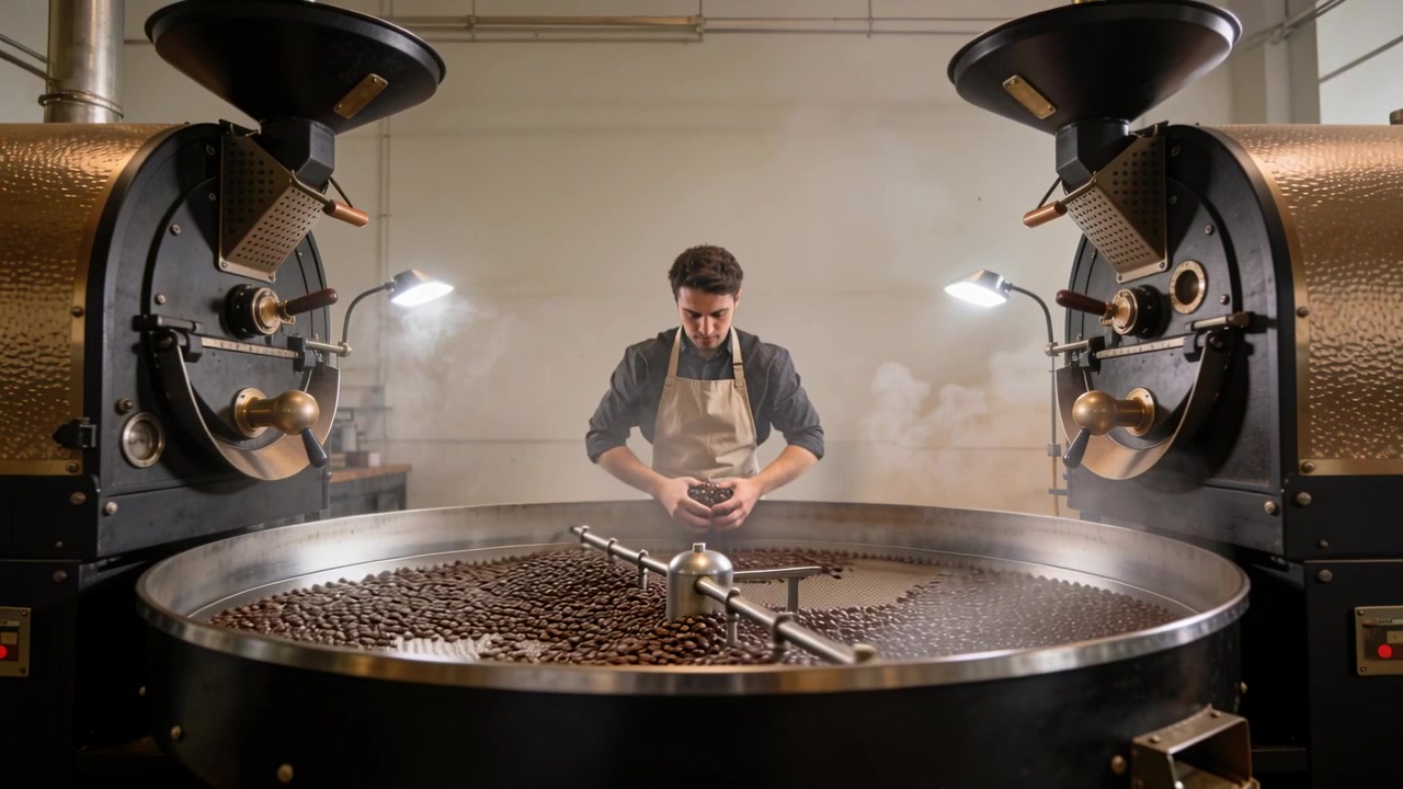 Reacting to roasters finishing, roaster in apron leaning pulling, checking, guiding beans on tray