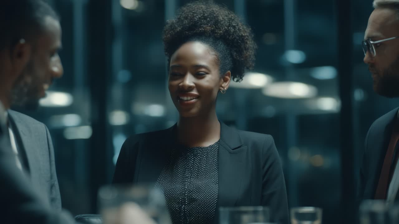 A Confident Businesswoman Engaging with Colleagues During a Formal Meeting, Showcasing Professionalism and Charisma in a Corporate Environment