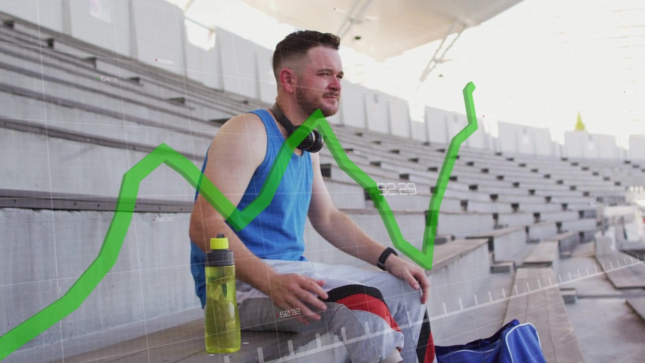 Atleta che cerca nel borsone, regola la protesi, controlla l'orologio per l'allenamento, visualizzando un overlay sportivo