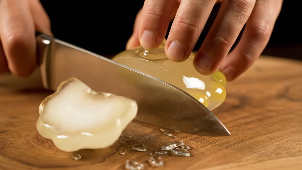 Cutting a transparent jelly dessert