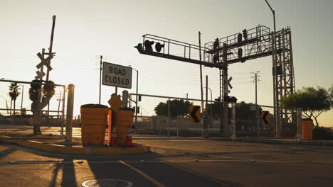 dolly shot of sunlight at closed road in the golden hour