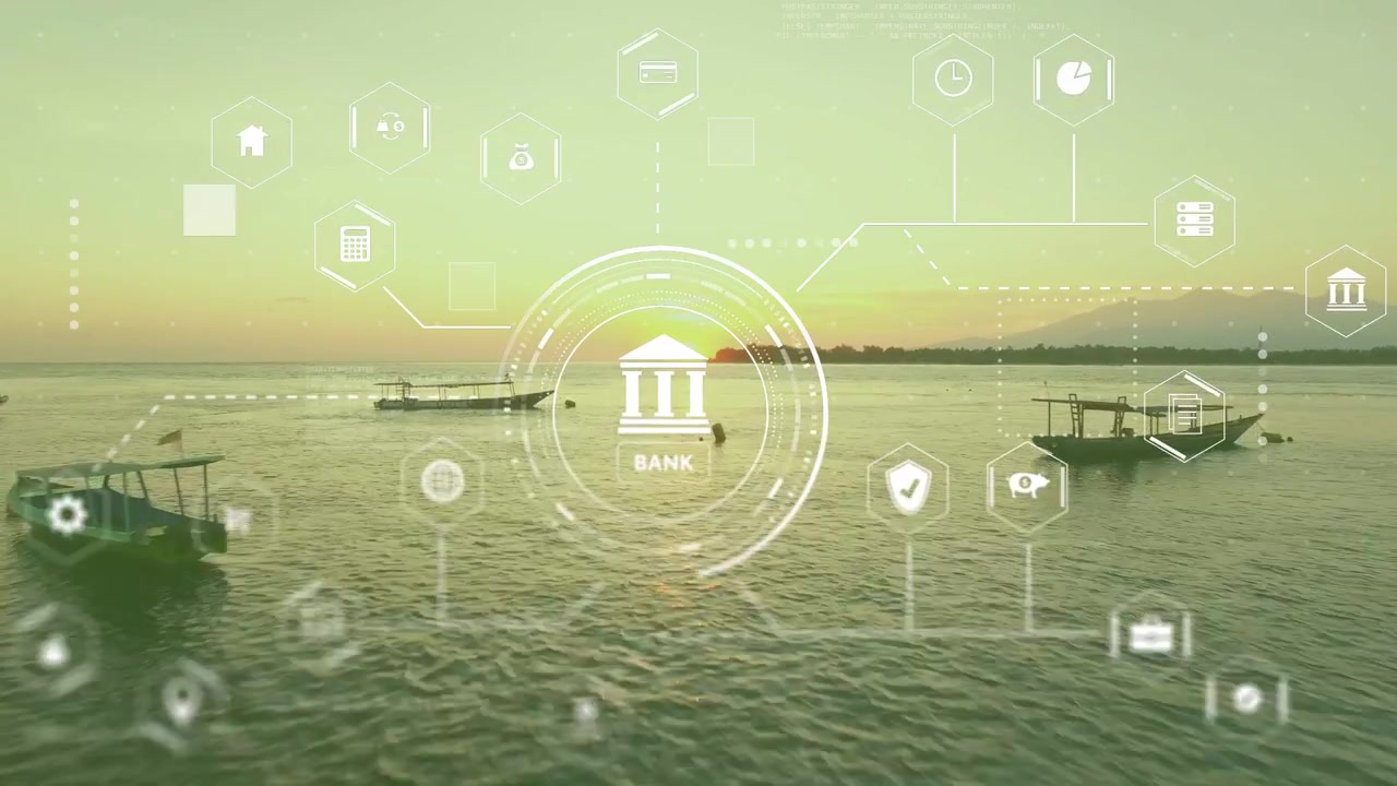 Translucent HUD with bank icon appearing, growing and emitting hex icons, visualizing bank network