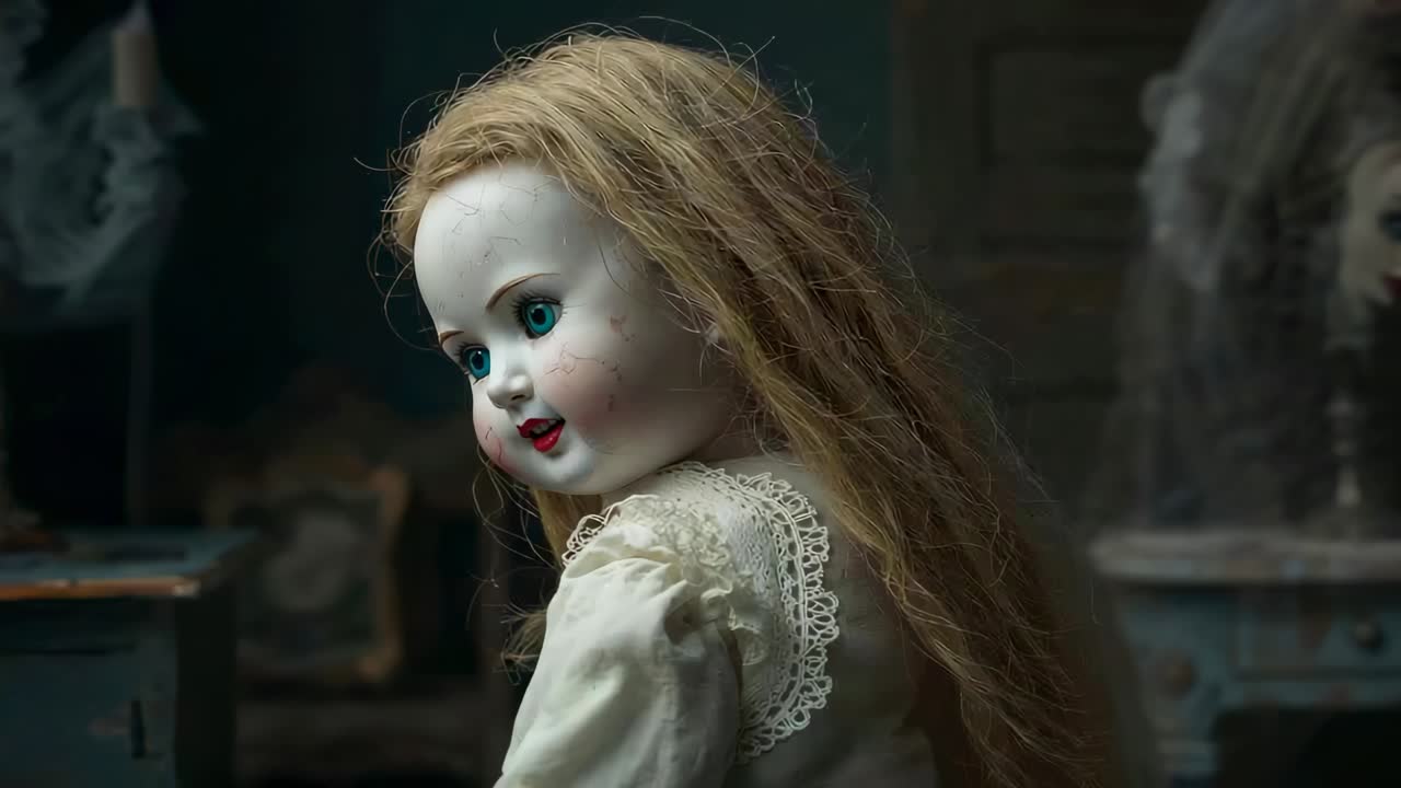 Boneca de porcelana virando a cabeça em um quarto escuro com a câmera se aproximando, revelando rachaduras no vestido de renda