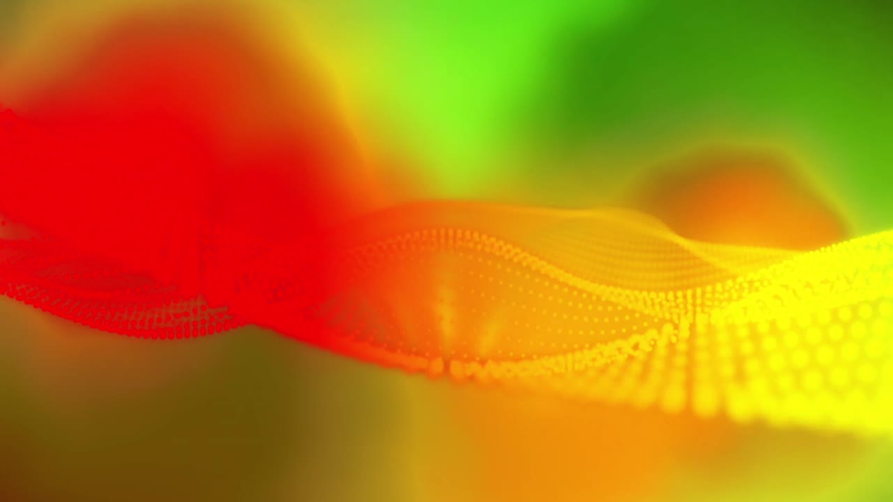 Yellow and red particle network wave over glowing yellow and green background