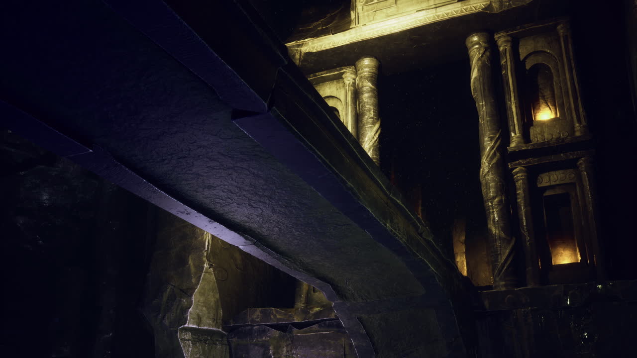 arquitectura antigua iluminada por luces parpadeantes en una cueva oculta