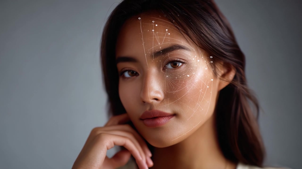 A Captivating Portrait of a Young Woman with Intricate Geometric Patterns and Light Accents on Her Face Highlighting Modern Aesthetic and Style