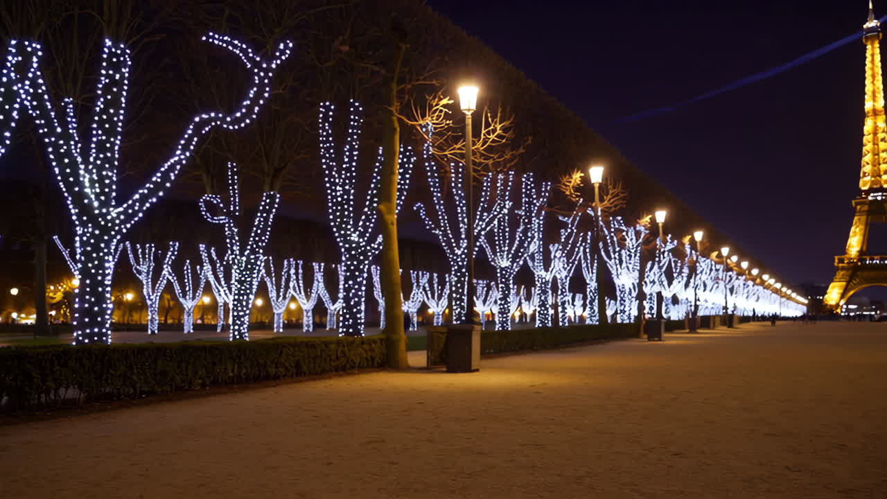 Christmas lights on trees in a Parisian park at night