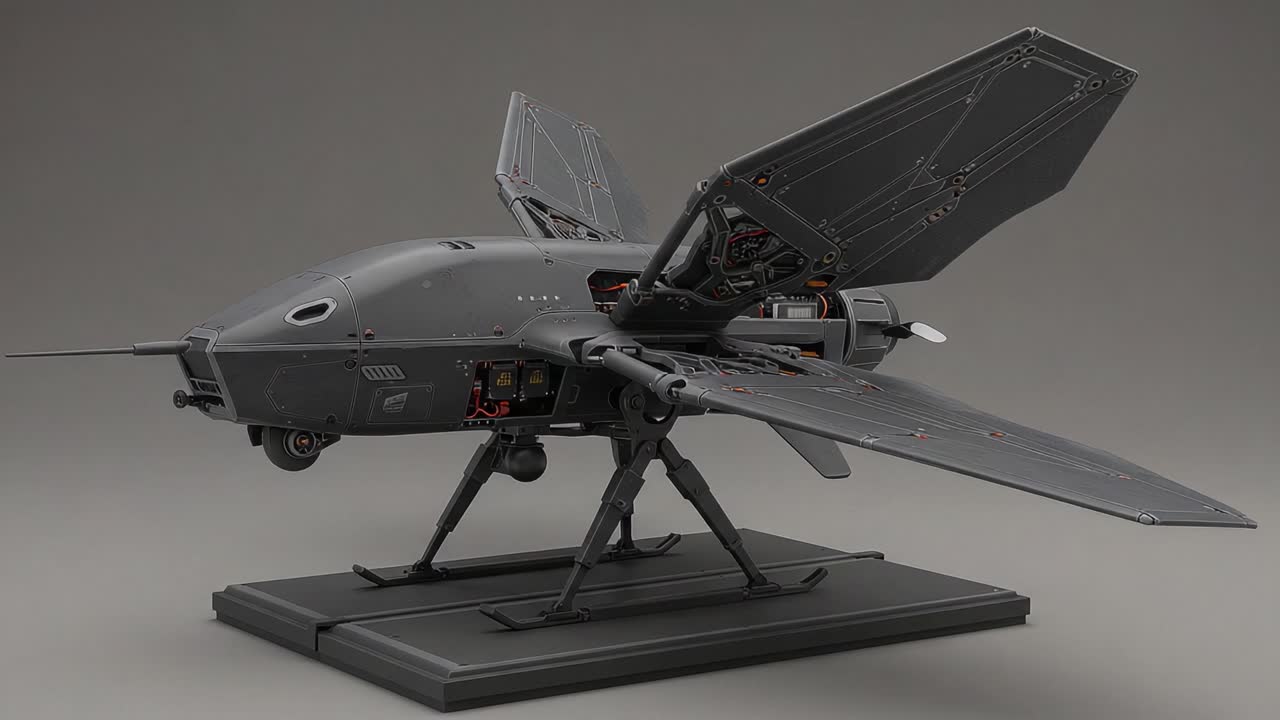 Intricate Design of a Futuristic Drone Model with Retractable Wings and Advanced Features Captured from Two Distinct Angles Highlighting its Technological Complexity