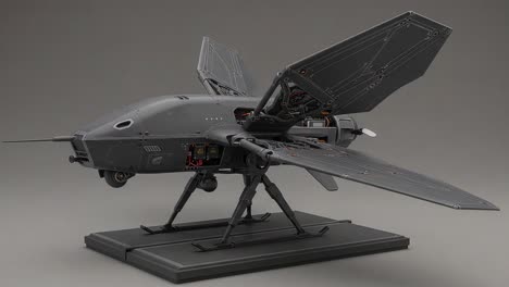 intricate design of a futuristic drone model with retractable wings and advanced features captured from two distinct angles highlighting its technological complexity