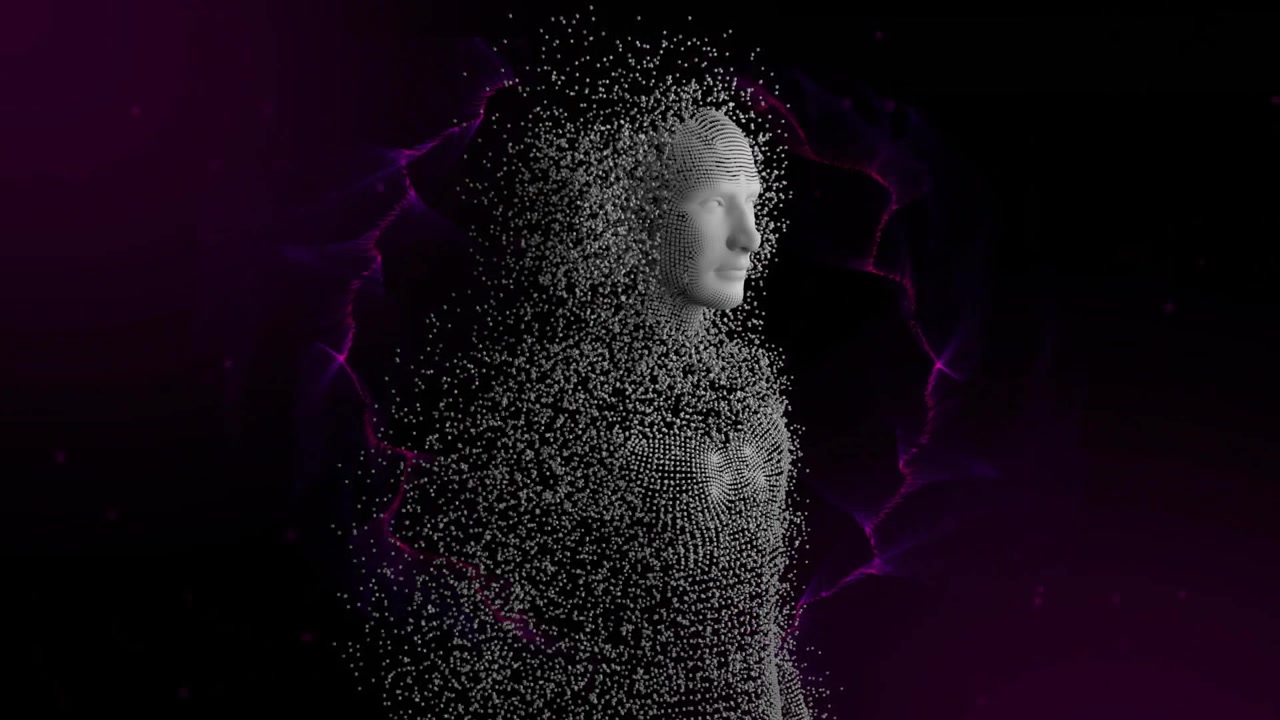 Purple glow emerging behind 3D particle bust initiating swirling ring sculpting full shape