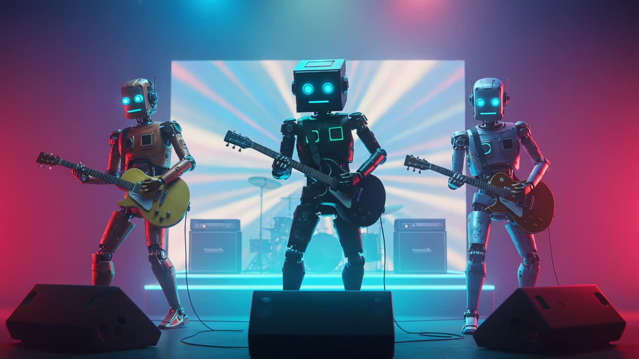 A Futuristic Rock Band of Robots Performing on Stage with Electric Guitars and Vibrant Lights in a High-Tech Concert Environment