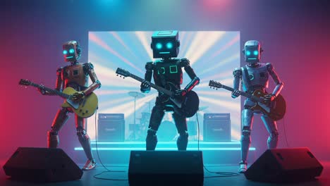 a futuristic rock band of robots performing on stage with electric guitars and vibrant lights in a high-tech concert environment
