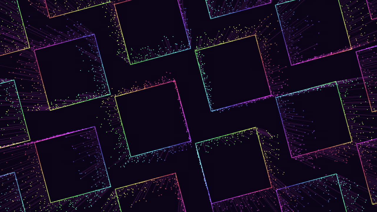 Abstract futuristic footage of glowing neon square frames and colorful particle trails on a dark background, ideal for technology, digital network, and motion design visuals