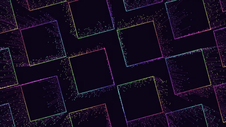 Abstrakte futuristiske optagelser af glødende neon firkantede rammer og farverige partikelspor på en mørk baggrund, ideel til teknologi, digitale netværk og motion design-visuals