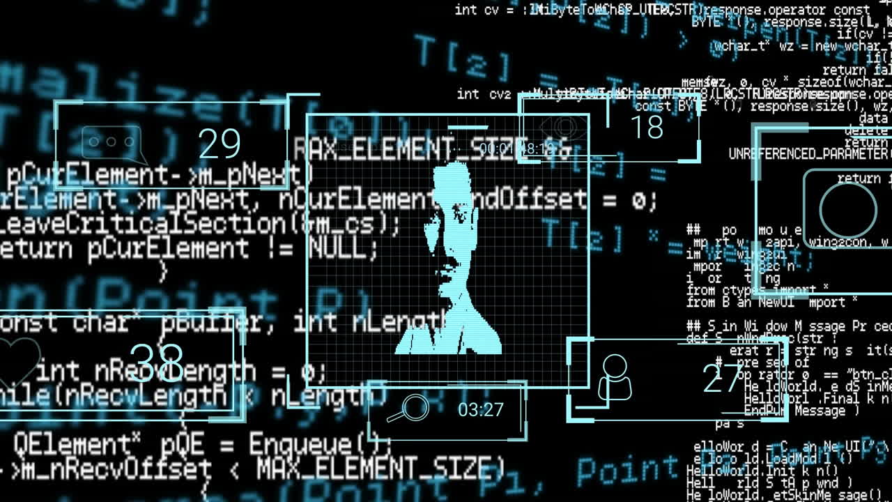 어두운 배경 위의 디지털 데이터 처리의 애니메이션