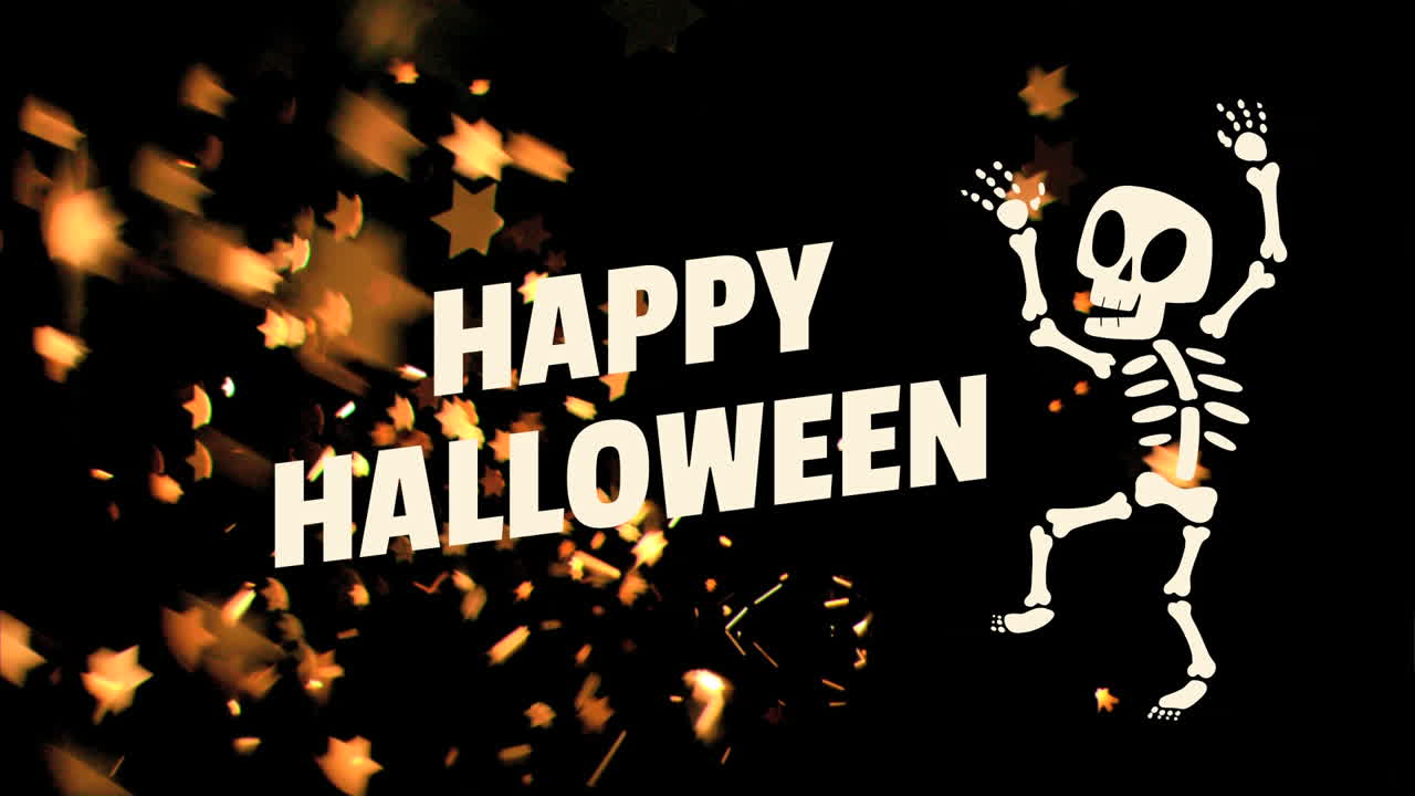 하로윈 축하 텍스트 춤추는 골격 애니메이션과 별이 떨어지는 배경