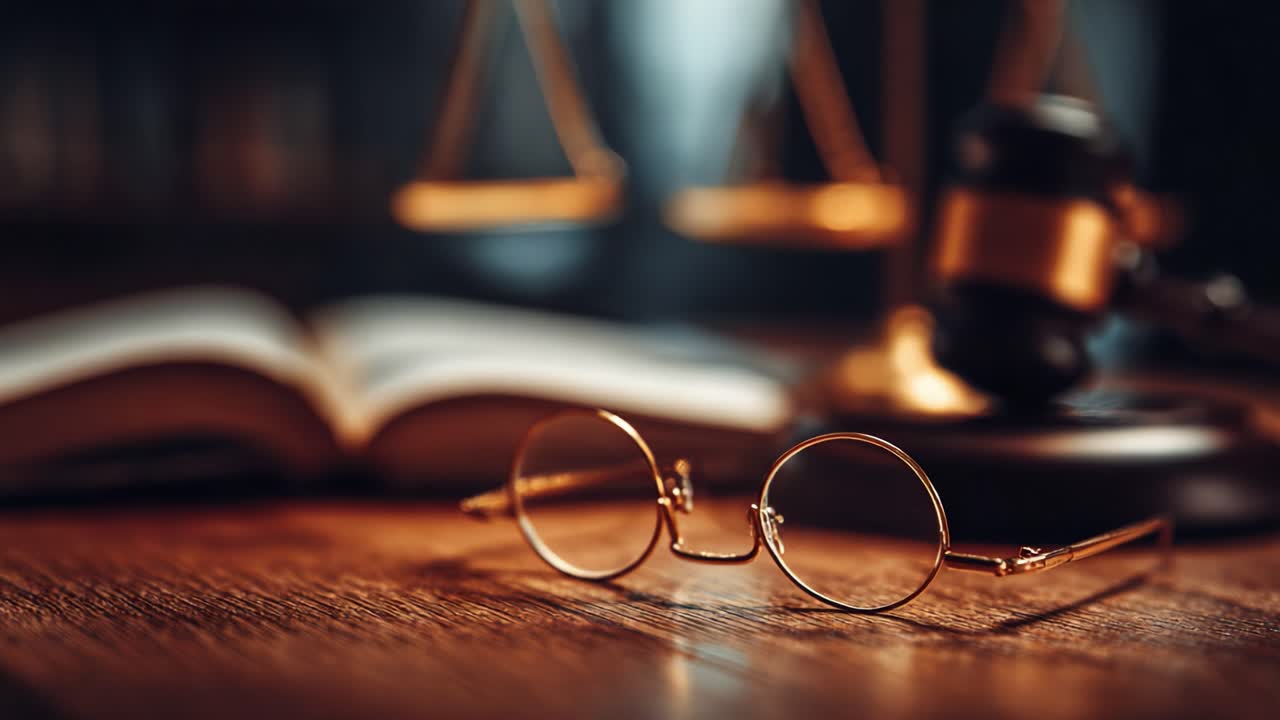 A Thoughtful Scene of Justice: A Gavel, Glasses, and Scales Set Against an Open Law Book in a Warm and Inviting Environment