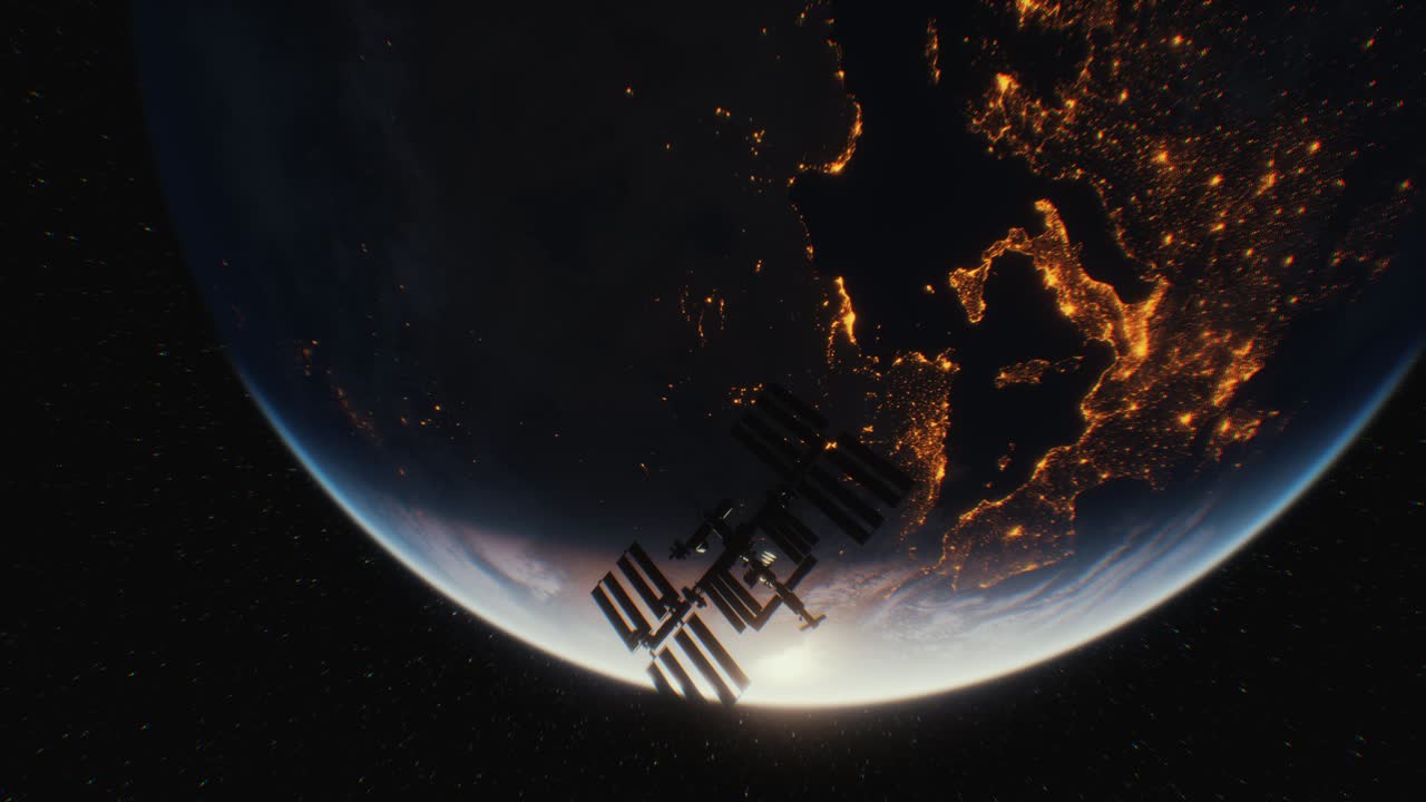 지구  ⁇ 도 위의 우주 공간에 있는 국제 우주 정거장