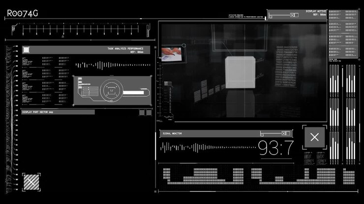 Digital interface with data processing against black background