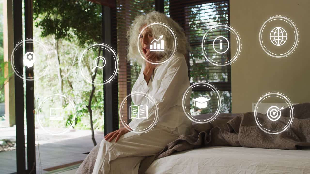 Senior woman sitting by door, raising hand and sparking health icons around face, reviewing charts