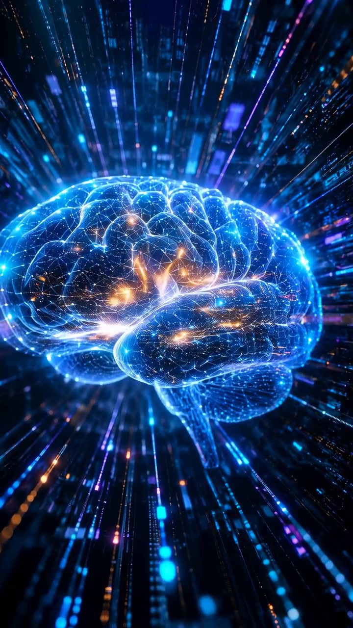 Neon Brain Hologram In Digital Matrix Pulsing Golden Synapses And Electric Blue Data Streams Streak Outward