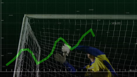 animación de gráfico financiero verde sobre la red de goles de fútbol y el jugador