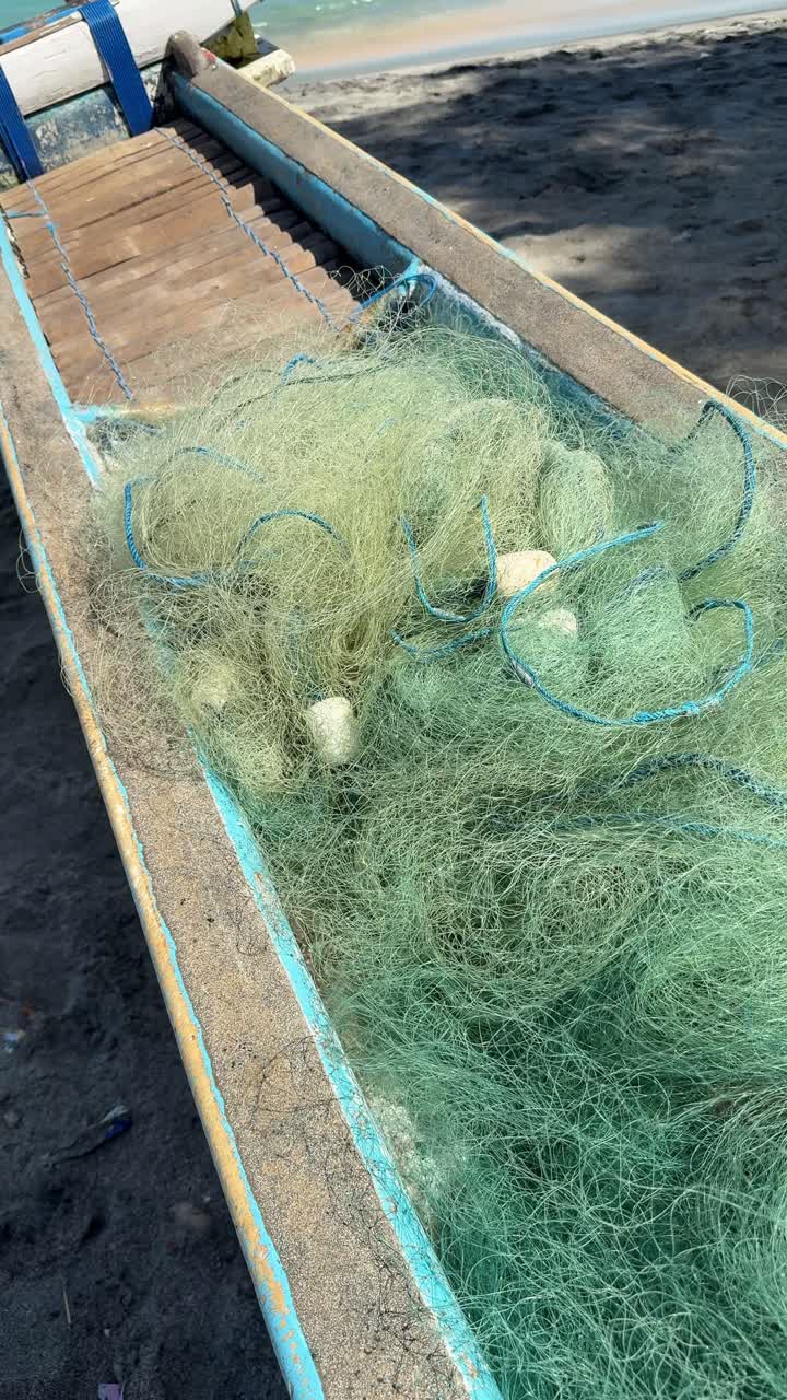 Barca da pesca tradizionale con rete verde su una spiaggia tropicale