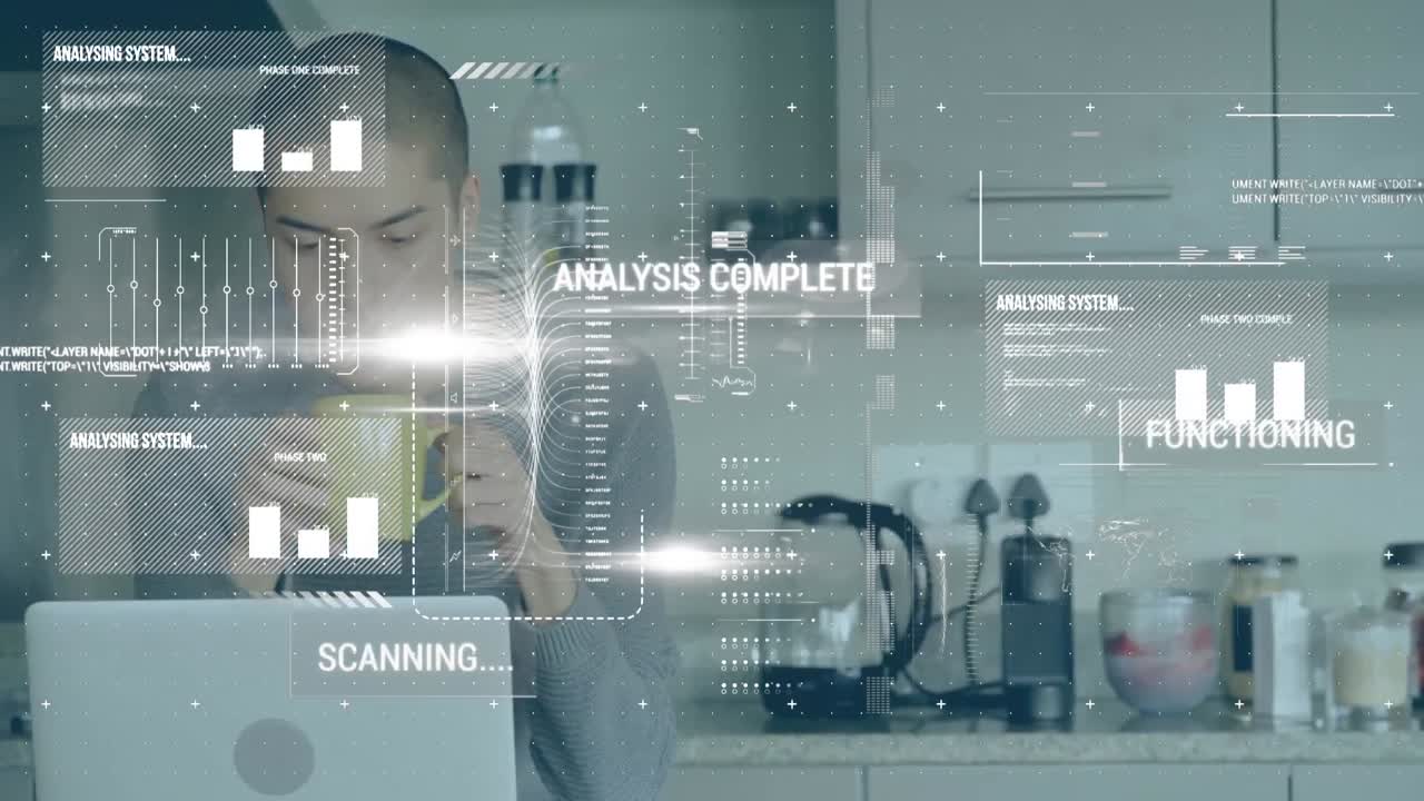 Animation of statistics and data processing over man using laptop