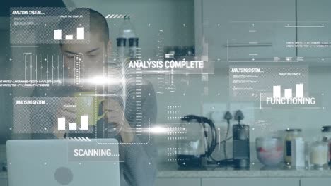 animation of statistics and data processing over man using laptop