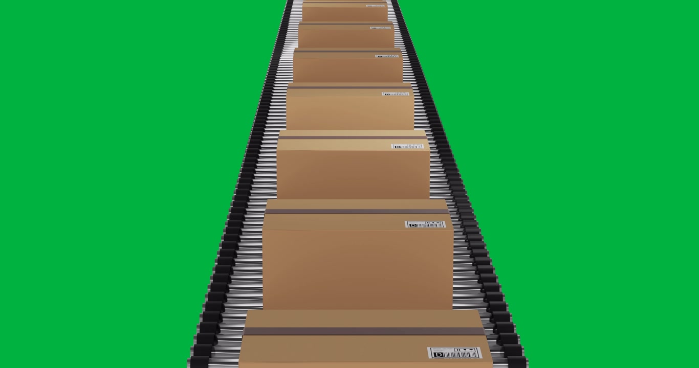 Animation of multiple cardboard boxes moving on conveyor belt