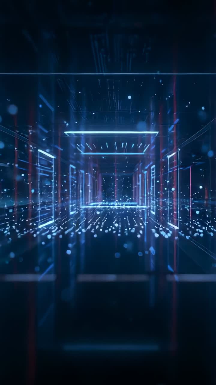 Vertical video: Advancing camera moving through receding neon frames, creating depth with particles