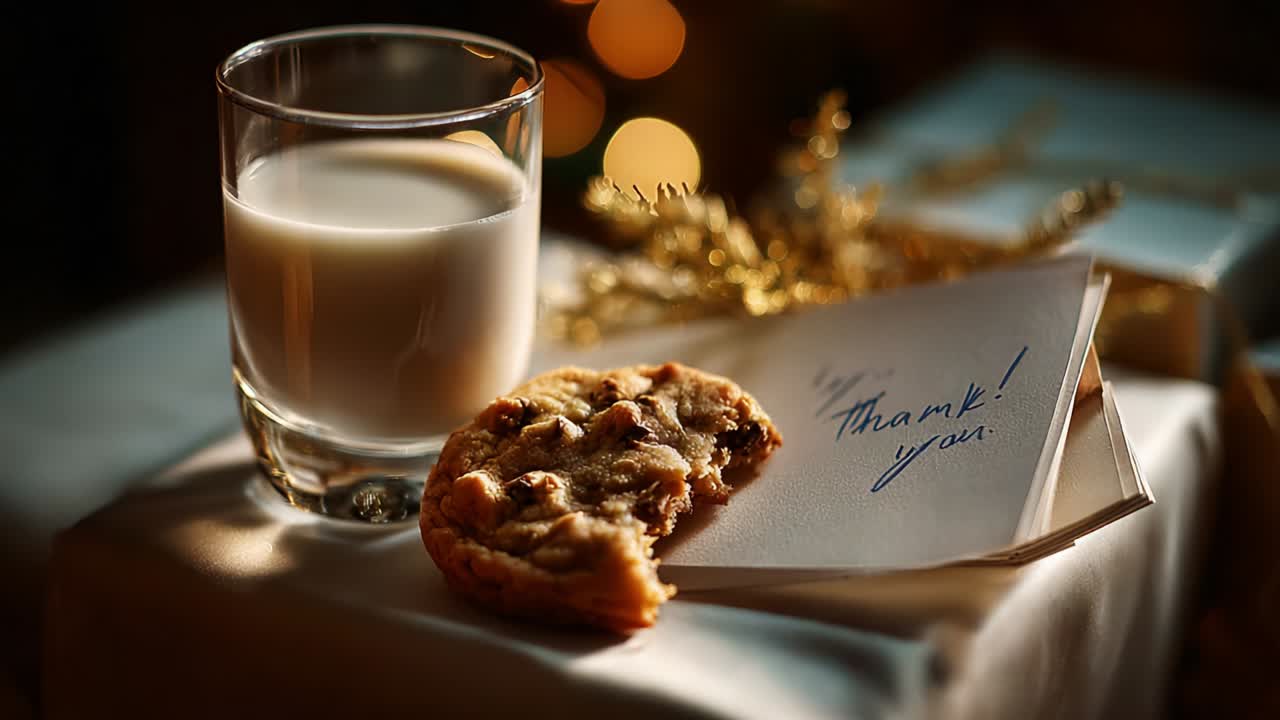 A Heartfelt Thank You: A Cozy Scene Featuring a Delicious Chocolate Chip Cookie, a Glass of Milk, and a Thoughtful Note on a Warm, Inviting Table Setting Perfect for Appreciating Loved Ones